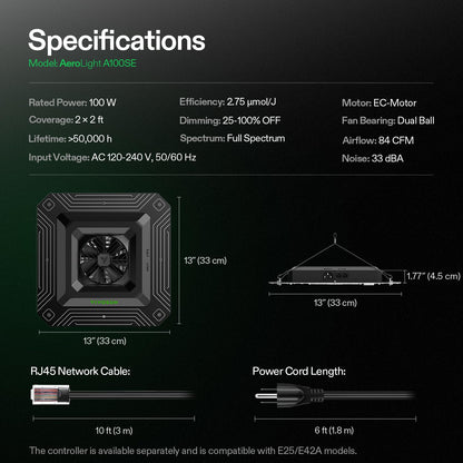 VIVOSUN AeroLight A100, Tunable Spectrum, LED Grow Light 100W w/Integrated Circulation Fan, Compatible with App, Used with Growhub Controller E42A/E25 to Achieve More Functions