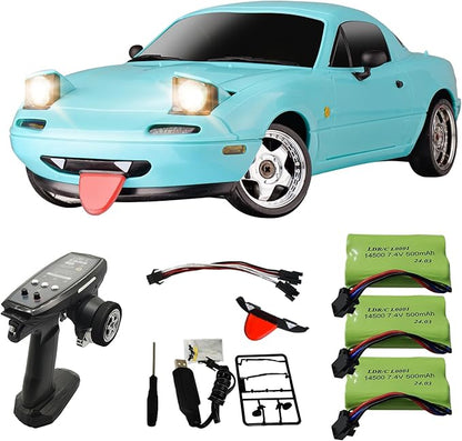 Skymaker 1/18 RC Drift Car with 3 Batteries Mazda MX-5 Miata 2.4GHz LDRC 1804 RWD Drifting Adults with ESP Gyro Pop-up Light (Blue)