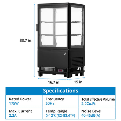 Commercial Refrigerator Display Case, 2.1 Cu.FT Single-Door Display Fridge, Display Case with Interior LED Lighting, Double-Layered Glass Commercial Countertop Bakery Display Refrigerator, 110V