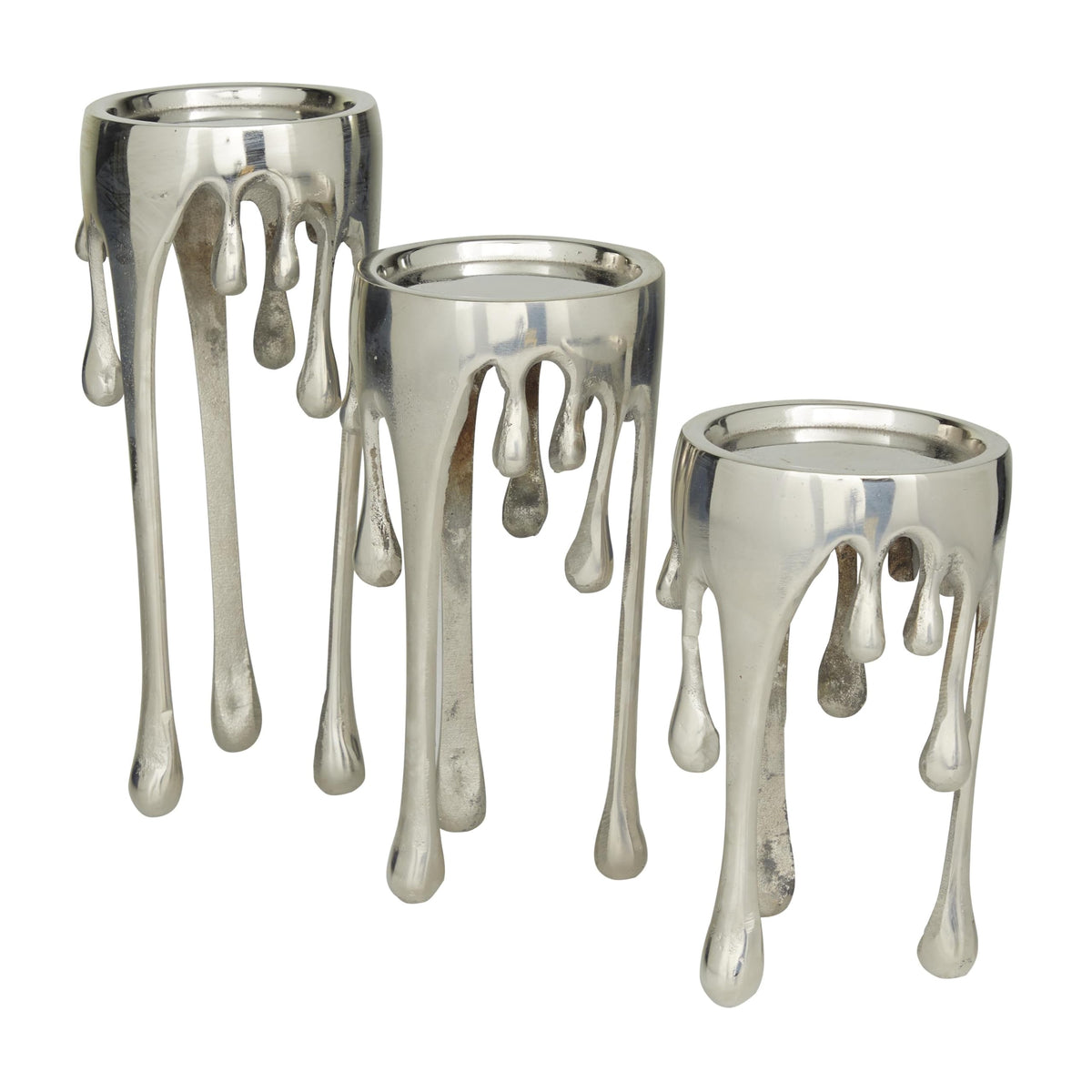 CosmoLiving by Cosmopolitan Aluminum Metal Abstract Decorative Candle Holder Melting Drip Candle Stand, Set of 3 Candlestick Holder 12", 10", 8"H, Silver