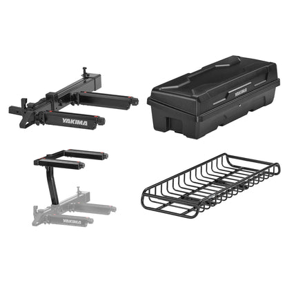 Yakima EXO SwingBase Hitch Rack Bundled with EXO GearLocker Rooftop Box, EXO TopShelf Hitch Base Rack Storage, and EXO GearWarrior Basket Mount, Black