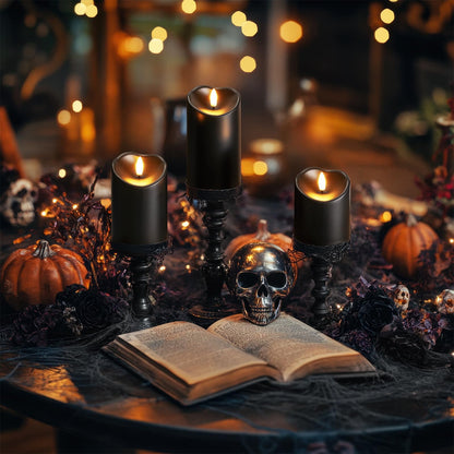 Homemory Black Flameless Candles, Halloween Candles Battery Operated with Remote and Timer, Flickering LED Pillar Candle for Theme Party, Holiday Decor, Set of 3