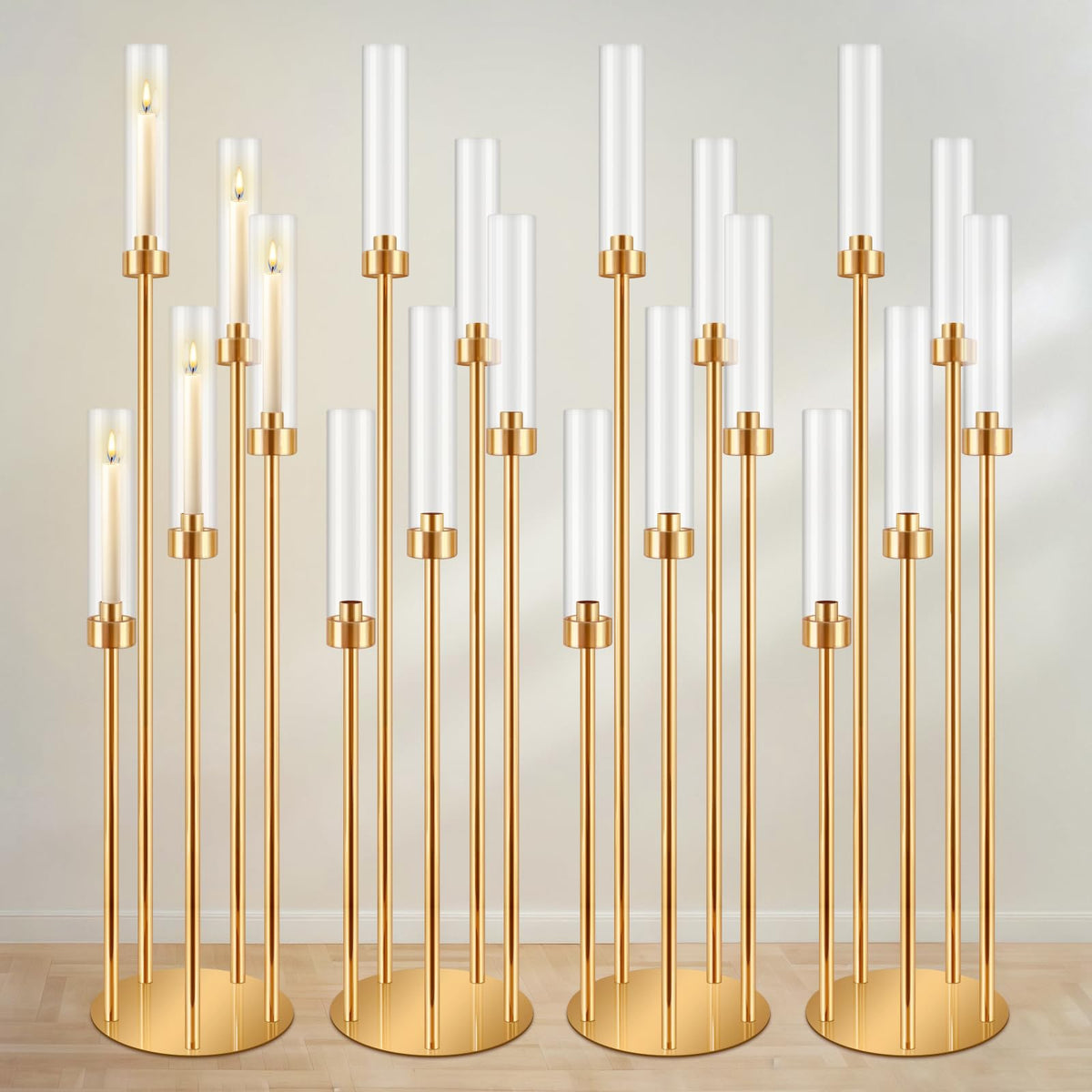 DIWNELEM 4 Pcs Gold Candelabra Centerpieces 5 Arm 42" Tall Metal Candle Holder Floor Candelabra Wedding Centerpieces Metal Candlestick Holders with Acrylic Removable Lampshade for Christmas Decoration