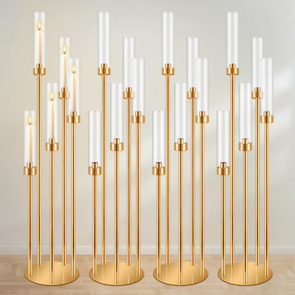 DIWNELEM 4 Pcs Gold Candelabra Centerpieces 5 Arm 42" Tall Metal Candle Holder Floor Candelabra Wedding Centerpieces Metal Candlestick Holders with Acrylic Removable Lampshade for Christmas Decoration