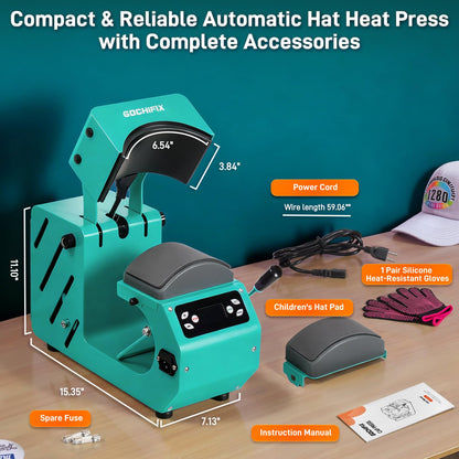 Auto Hat Heat Press Machine, Automatic Open/Release, 4 Memory Modes, Precise Temp/Timer Control, 6.54"x3.84"Curved Heat Plate, Hat Stretcher, for Caps, Sublimation, Vinyl, Heat Transfer