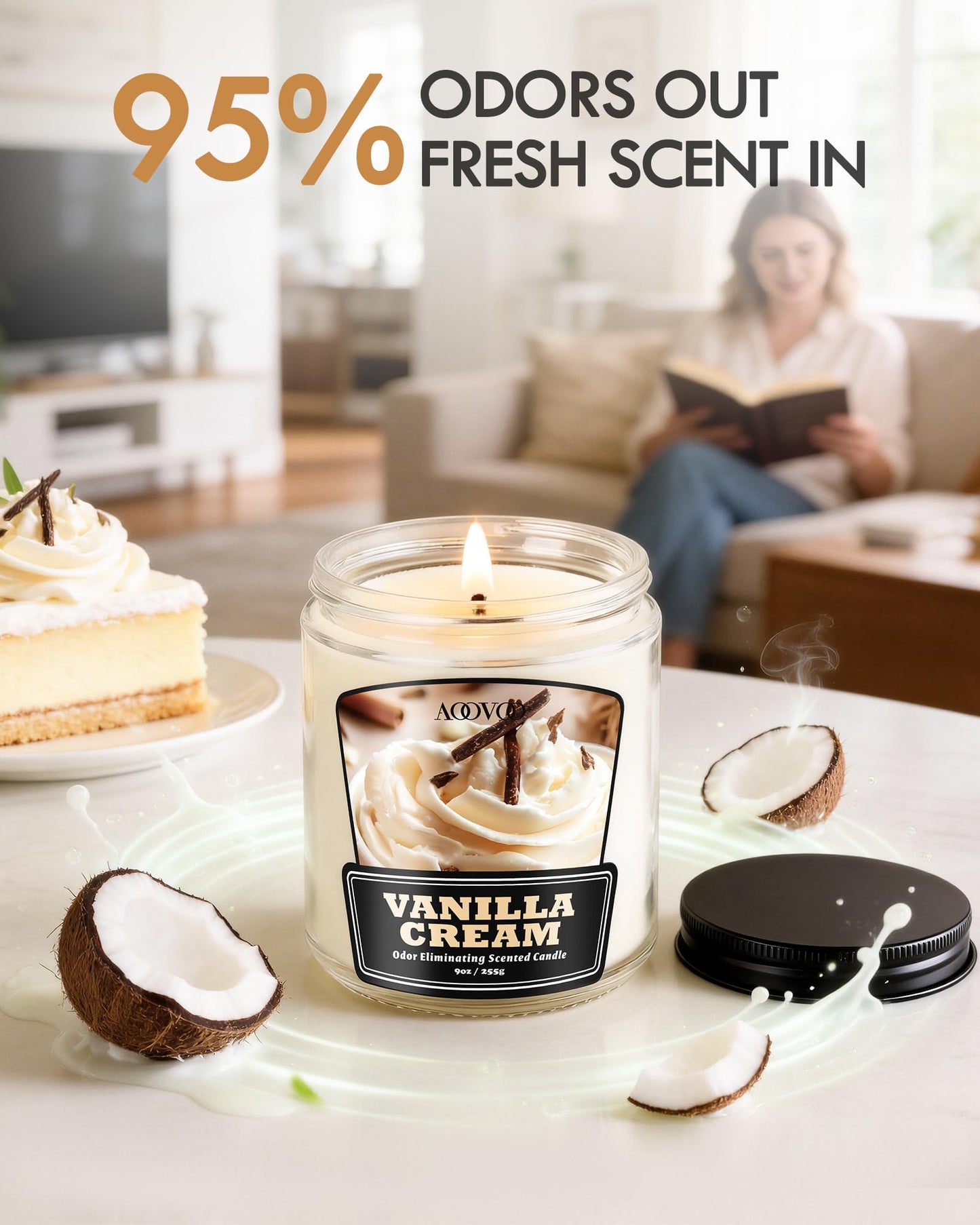 AOOVOO Vanilla Cream Odor Eliminating Candle - 9 oz Non Toxic Highly Fragranced Air Freshing Soy Candle, Eliminates 95% of Smoke, Pet, Food, and Other Smells Quickly, Up to 50 Hours Burn time