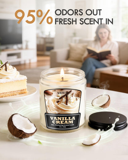AOOVOO Vanilla Cream Odor Eliminating Candle - 9 oz Non Toxic Highly Fragranced Air Freshing Soy Candle, Eliminates 95% of Smoke, Pet, Food, and Other Smells Quickly, Up to 50 Hours Burn time