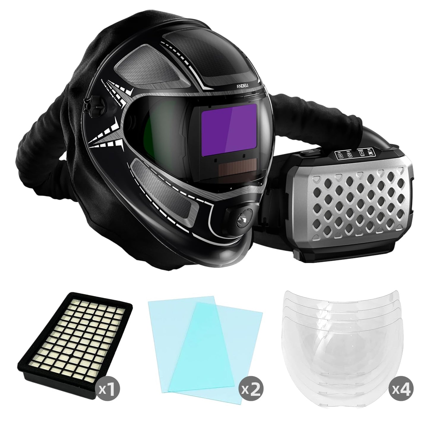 ANDELI Welding Helmet with Respirator, 99.95% PAPR Filtration Efficiency, 180° Panoramic Large Viewing Screen, Auto Darkening Welding Helmet with Light, Powered Air Purifying Respirator, Bundle with 4