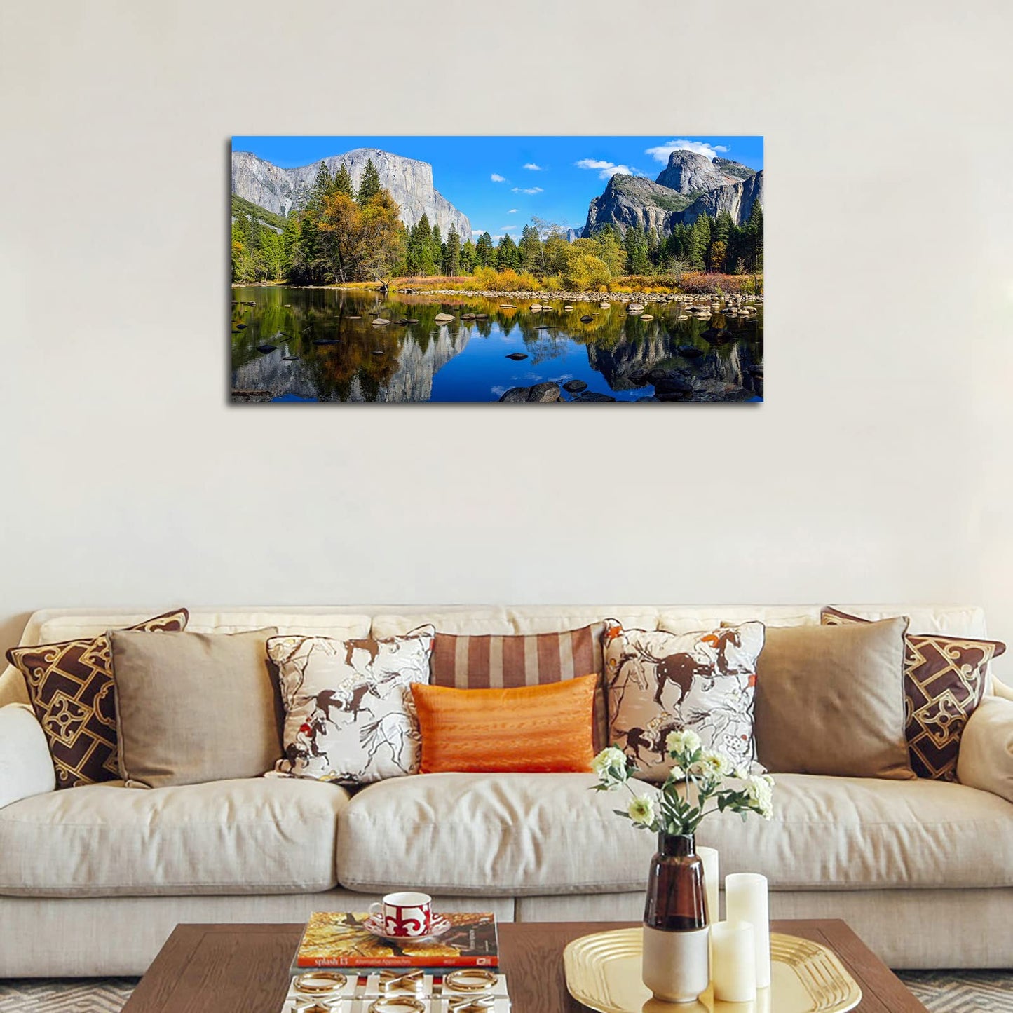 Lake Canvas Wall Art Mountain Picture for Bedroom Living Room Decorations Yosemite National Park Nature Landscape Forest Picture Print on Canvas Artwork for Office Home Wall Decor Framed 20" x 40"