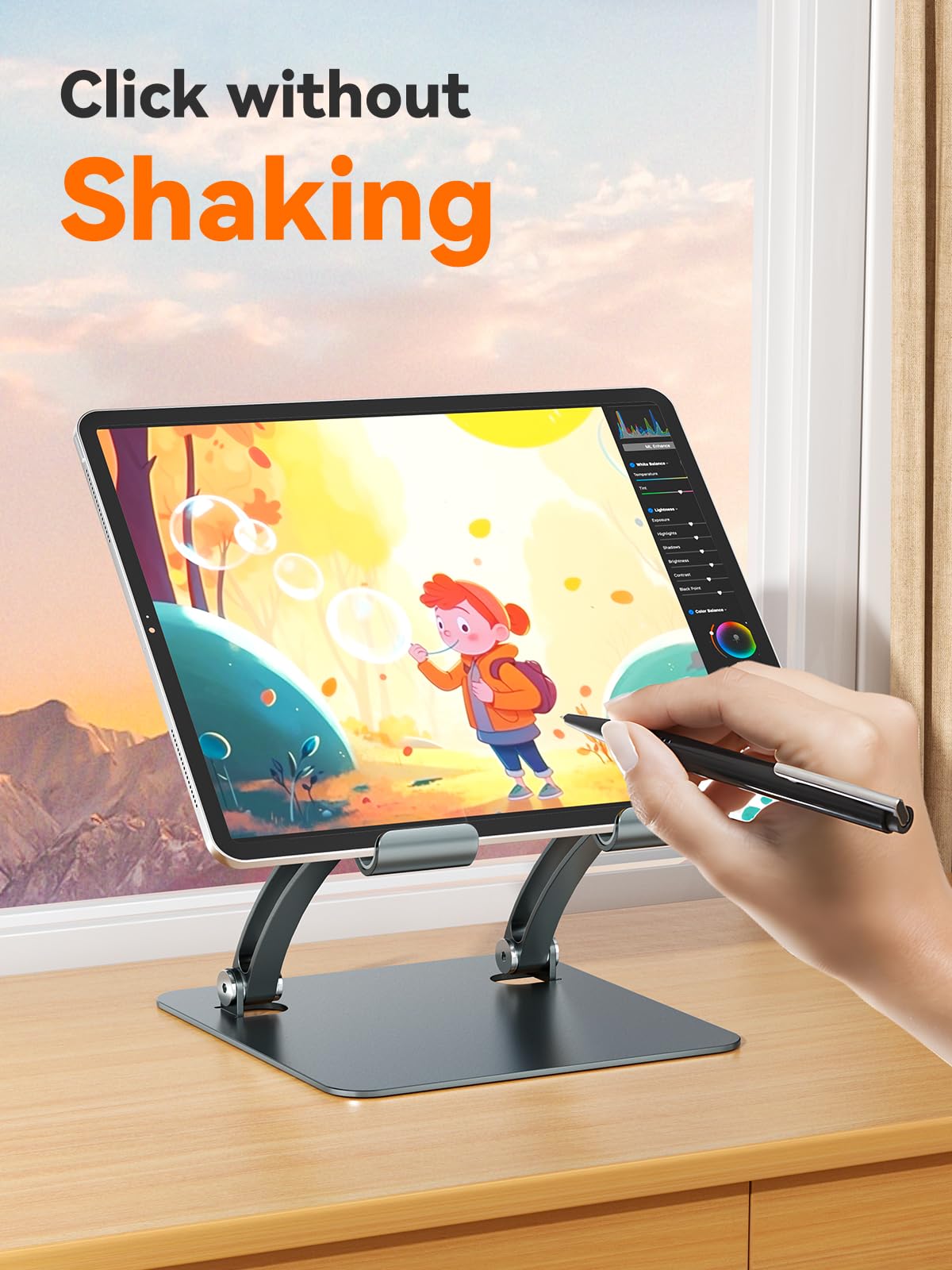 tounee Tablet Holder Stand, Dual Rod Adjustable Aluminum Desktop Stand, Compatible with 4.7-16.5" iPads, Surface Tablets, Portable Monitors, Kindle & More (Gray)