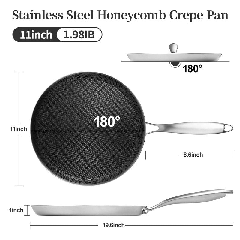 Innerwell Stainless Steel Crepe Pan - 11inch Nonstick Crepe Pan, Stainless Steel Honeycomb Coating Pancake Pan, Non Stick Flat Skillet Tawa Dosa Tortilla Griddle Pan, Induction Compatible, PFOA Free
