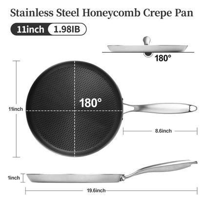 Innerwell Stainless Steel Crepe Pan - 11inch Nonstick Crepe Pan, Stainless Steel Honeycomb Coating Pancake Pan, Non Stick Flat Skillet Tawa Dosa Tortilla Griddle Pan, Induction Compatible, PFOA Free