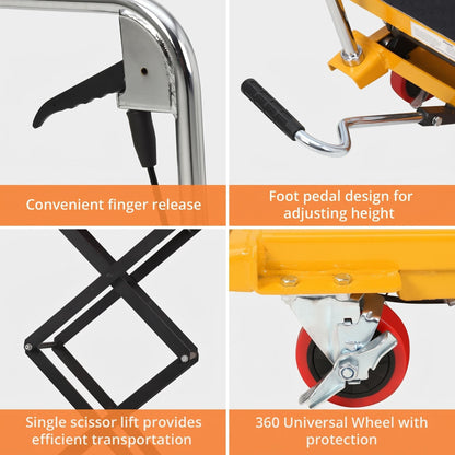 Hydraulic Double Scissor Lift Table Cart, 330 LBS Load Capacity, 50" Adjustable Height, Non-Slip Platform & 4 Universal Wheels, Heavy Duty Lift Table for Material Handling, Yellow
