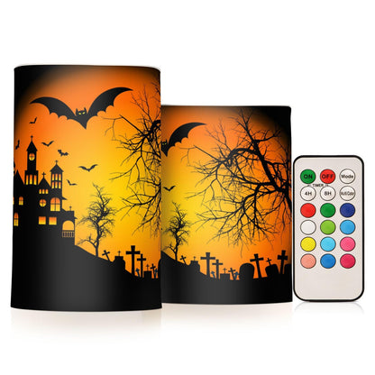 ALAZA Orange Halloween Castle Bat Flickering Flameless Candles Battery Operated with Remote Timer,Tea Light Candles LED Pillar Votive Candles Set of 2 for Outdoor Indoor Decorations 14