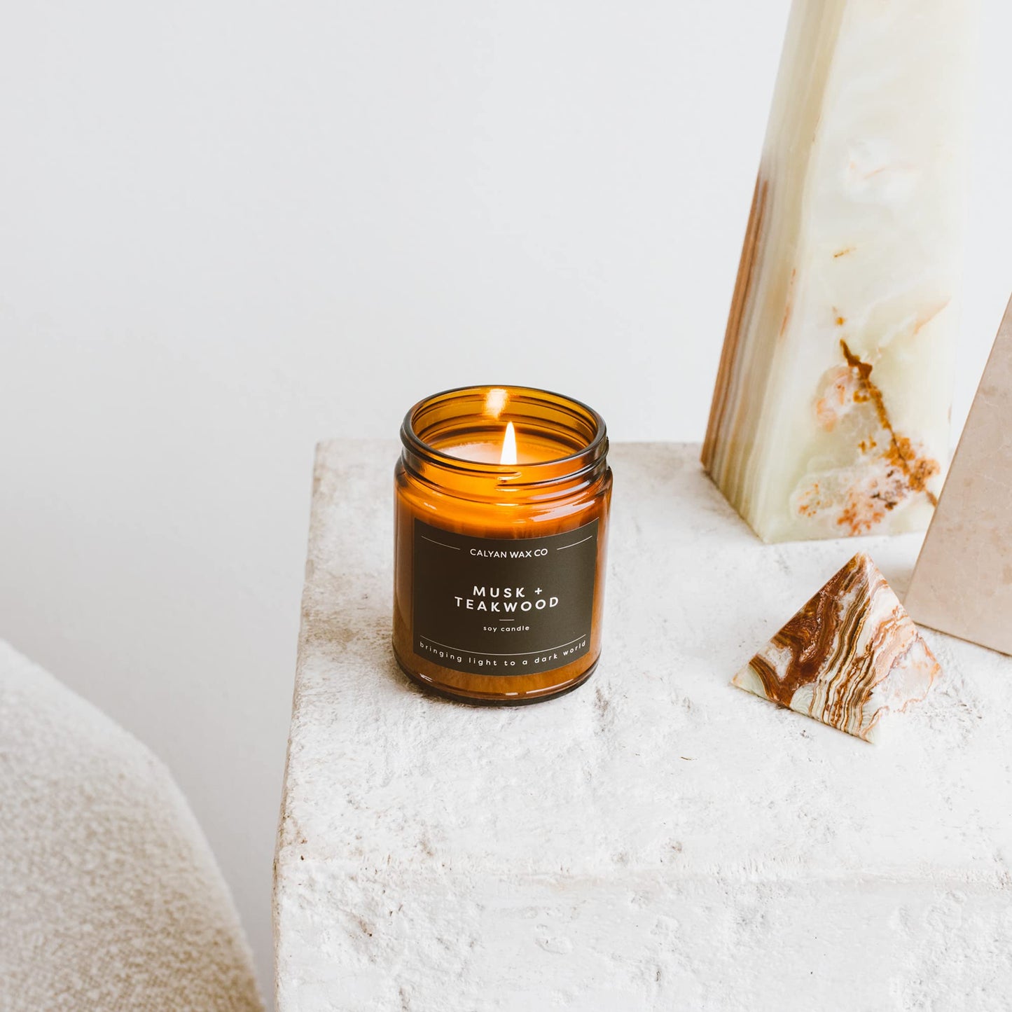 Calyan Wax Co. Musk & Teakwood Scented Candle - 57 Hour Burn - Luxury Clean Soy Wax Candles - Long Lasting Amber Glass Jar Candle for Home - 7.2oz