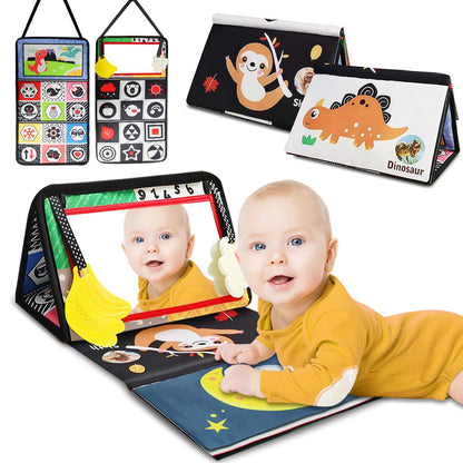 Baby Mirror Toys for Tummy Time, Newborn Infant 0 3 4 6 12 Months Old Boy, Girl Gift. Brain Developmental Montessori Sensory High Contrast Crinkle Book w Safe Mirror for Floor, Crib, Car, Bouncer