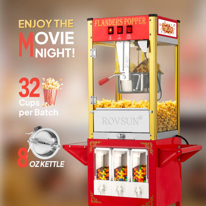ROVSUN Popcorn Machine Cart with Candy Dispenser, 8 Oz Kettle Makes Up to 32 Cups ETL, Popcorn Maker w/Scoop, Oil Spoon, Bags & Cups, Movie Theater Style Popper for Commercial Home Party, Red