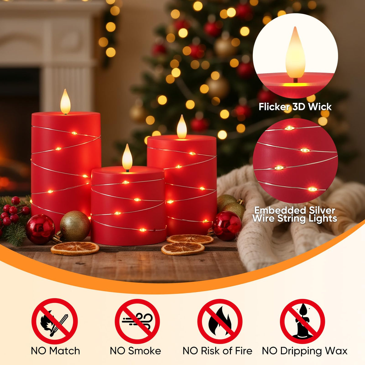 Raycare Independence Day Flameless Candles with Remote Timer, Flickering Battery Operated LED Pillar Fake Candle with String Lights for 4th of July Patriotic Home Decor, Wedding Gift, Red, Set of 3