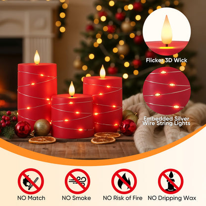 Raycare Independence Day Flameless Candles with Remote Timer, Flickering Battery Operated LED Pillar Fake Candle with String Lights for 4th of July Patriotic Home Decor, Wedding Gift, Red, Set of 3