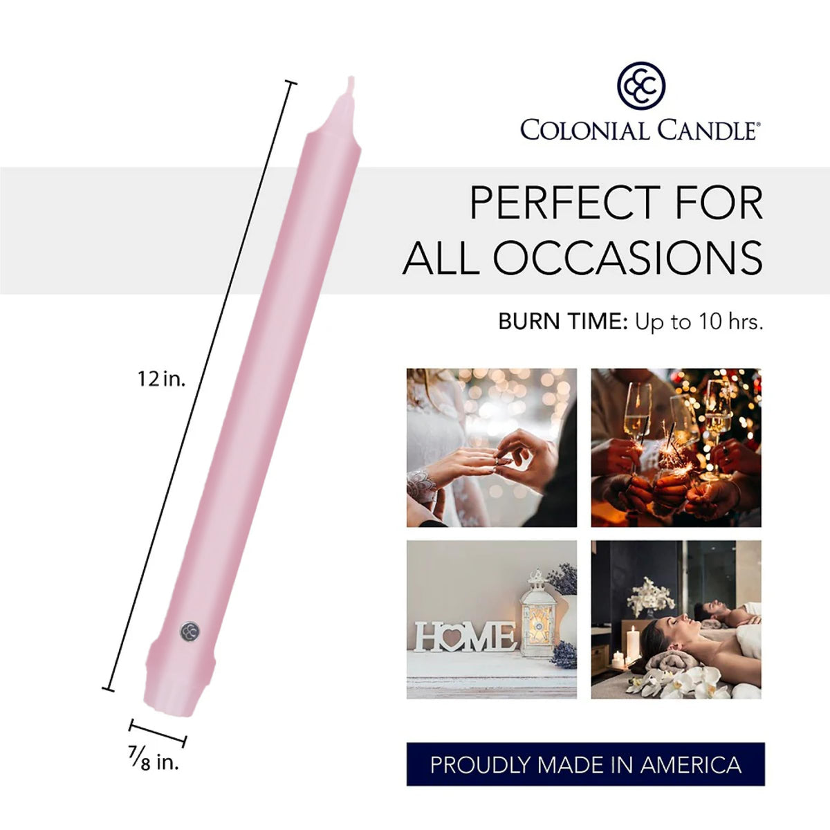 Colonial Candle Unscented Taper Candle, Classic Collection, Persian Pink, 12 in, Pack of 12 - Up to 10 Hours Burn