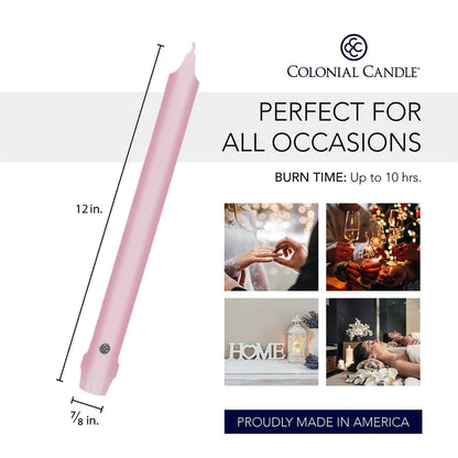 Colonial Candle Unscented Taper Candle, Classic Collection, Persian Pink, 12 in, Pack of 12 - Up to 10 Hours Burn