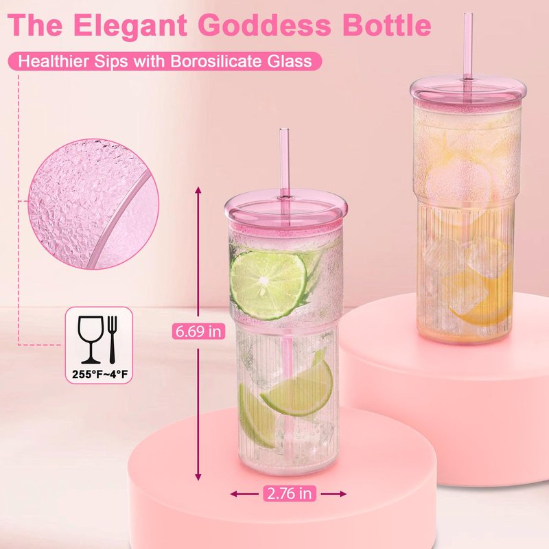 Luiaiog Glass Cups with Lids and Glass Straws, High Borosilicate 20OZ Pink Tumblers (2Pcs) for Coffee, Tea, Juice, Smoothies, Hot & Cold Drinks at Home/Office