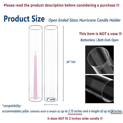 CYS EXCEL 6 PCS (H:16" D:3") Open Ended Clear Glass Hurricane Candleholder Tube Lamp Shade Open Flame Candlestick Holder Chimney Tube Cover Bottomless Cylinder