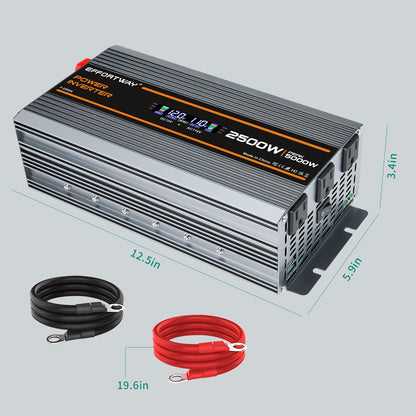 EFFORTWAY 2500W Power Inverter. 12V DC to 110V/120V AC Converter 5000W (Peak) with LCD Display, 3 AC outlets, 2 USB, 2500w Inverter for Camping RV Travel Outdoor Truck Off-Grid Solar inverters