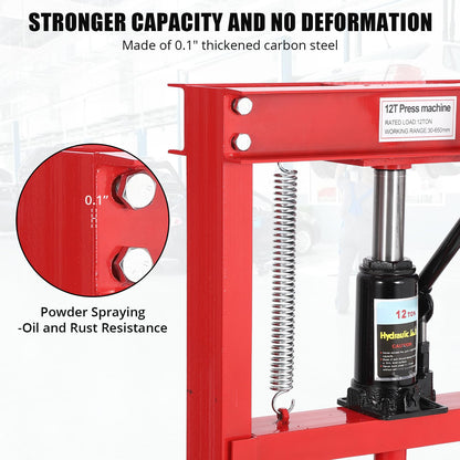 GarveeTech 12 T Hydraulic Press, H-Frame Bearing Press, Adjustable Working Table Height, Strong Load Capacity, for Car Repair Garage