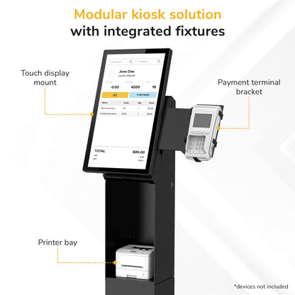 Mount-It! Kiosk Floor Stand For Monitors and VESA Compatible Digital Signage Displays with Printer Storage Slot and Card Reader Bracket, Fits 15" to 22" up to 22lbs - for Check-in & POS Stations Black