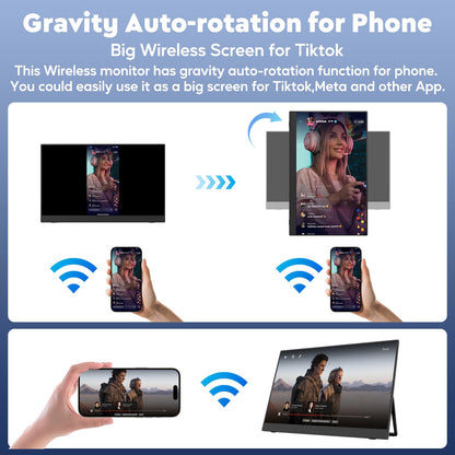 17.3" Wireless Portable Monitor with Built‑in 8000mAh Battery 4H, AirPlay & Miracast, 2.5K QHD 2560x1400 IPS Matte HDR, 125% sRGB, 500 Nits, VESA, Auto Rotation for Phone/Tablet, USB‑C & Mini HDMI