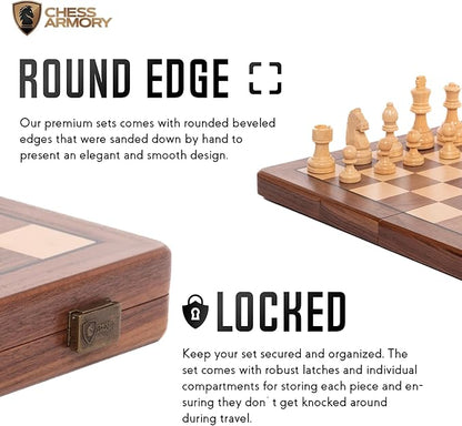 Chess Armory Wooden Chess Set 15 Inch - Premium Walnut Wood Handcrafted Game Board for Adults and Kids with Extra Queen Pieces and Storage Box - Ideal for Home and Travel - Non-Magnetic