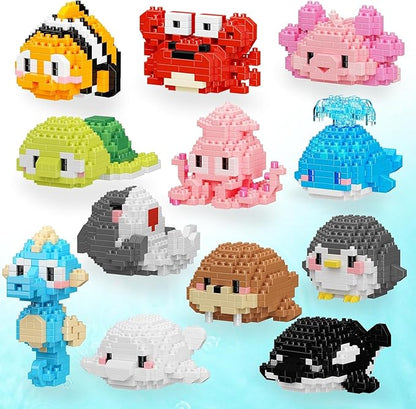Party Favors 12 Packs Mini Marine Animals Micro Building Blocks Set Classroom Prizes Small Toy Prizes Goodie Bags Birthday Festival for Ages14+