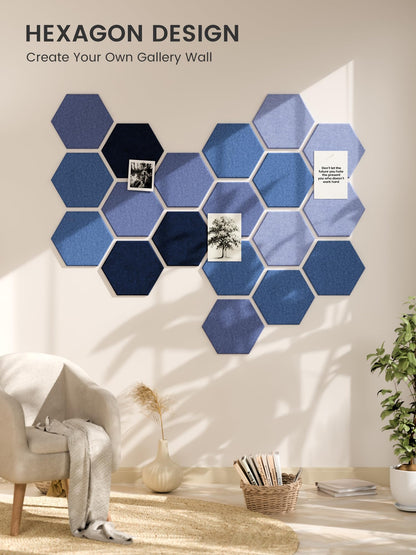 Fluxynara Hexagon Cork Board Alternative for Walls Decor-12-Pack Felt Bulletin Board Tiles,with 30 Pushpins,70 Adhesive Tabs for Office,Classrooms & Home Pin Board Felt Board-Denim Mist