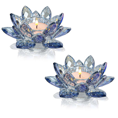 Kolnlala Crystal Lotus Flower Tealight Candle Holders/Glass Tea Light Candlestick Decor Decoration for Christmas Home Wedding Party… (Blue 2pcs)