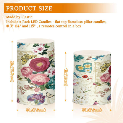 Beautiful Spring Flowers Butterflies Hummingbirds Flickering Flameless Candles Battery Operated with Remote Timer,Tea Light Candles LED Pillar Votive Candles set of 2 for Outdoor Indoor Decorations
