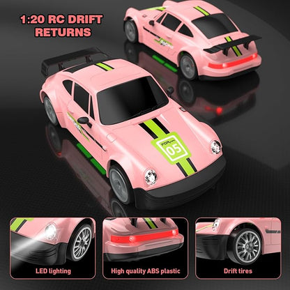 Remote Control Car RC Drift Car 2.4GHz 1:20 Scale 4WD 20KM/H High Speed Remote Control Cars Vehicle with LED Lights Drifting Tire 2Pcs Rechargeable Batteries Toy Cars for Adults Boys Girls (Pink)