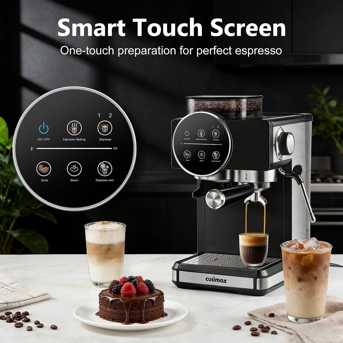 Espresso Machine with Grinder, 20 Bar Professional Expresso Coffee Machines with Milk Frother Steam Wand, Espresso Maker with 60oz Removable Water Tank, Cappuccino & Latte Machine for Home (Black)
