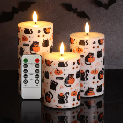 Girimax Halloween Flameless Pillar Candles with Remote, Black Cat Pumpkin LED Wax Candles Battery Operated Set of 3