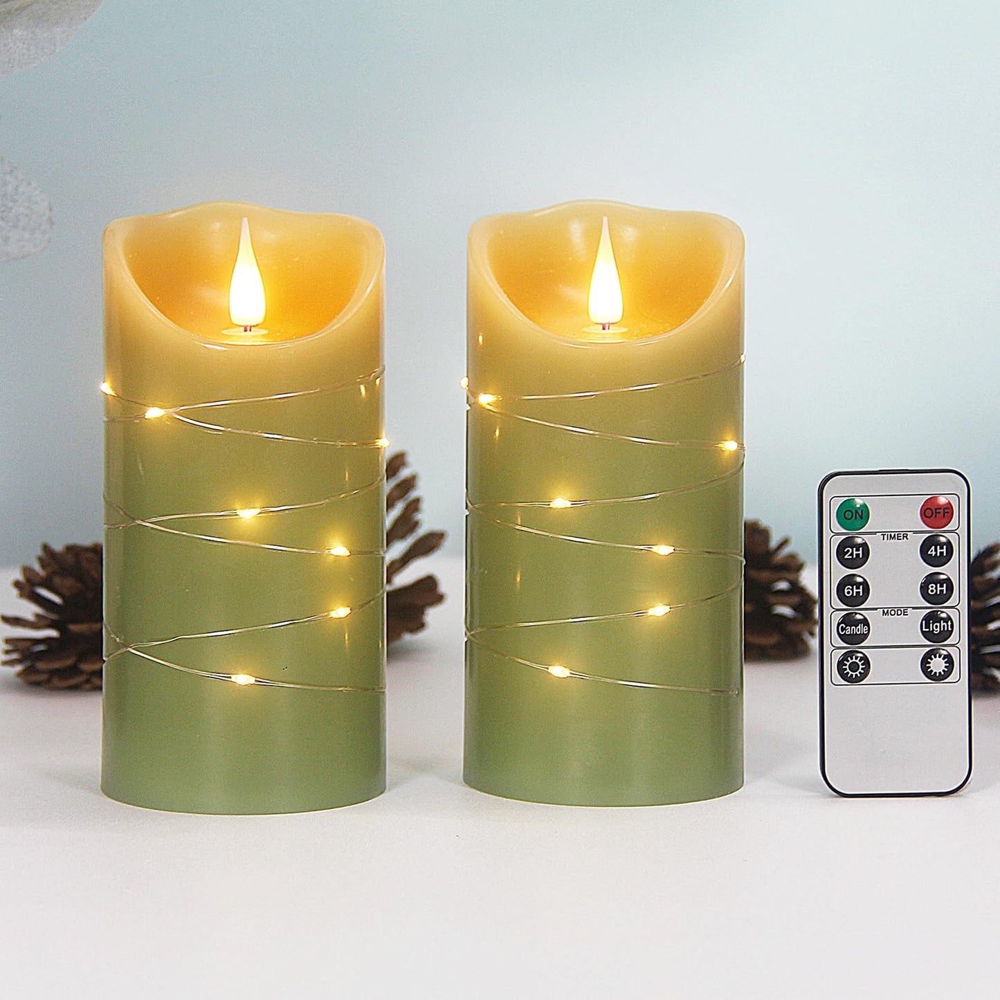 CFDECOR Flameless Candle with Timer,Battery Operated Flickering Led Candles with Remote,Realistic 3D Moving Flame Pillar Candles,Scalloped Edge,Real Wax Candles Set of 2 for Holiday,Home Decor(Green)