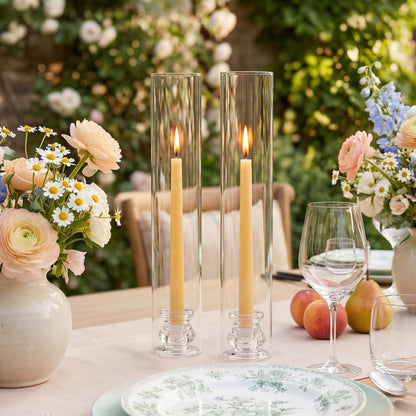 Hurricane Glass Candle Holders - Set of 20 Candlestick Holders for Taper Candles, Clear Candle Holder Bulk with 12” Tall Windproof Cylinder Cover for Festival Wedding Table Centerpiece Party Decor