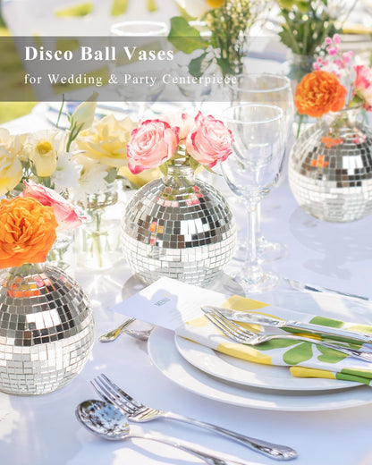 RGBDOT Disco Ball Vase for Centerpieces Disco Ball Planter for Flowers Silver Mirror Glass Disco Ball Decor for Table, Party, Wedding, Birthday, Home, or Bedroom(3.5" X 4")