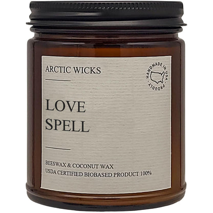 Arctic Wicks Scented Coconut Beeswax Candles | Coconut Beeswax Non Toxic Candle 9oz Amber | Farmhouse Candles Non-Toxic Clean Burn 100% USDA Certified Biobased (Love Spell)