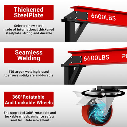 3 Ton 6600LBS Gantry Crane, 2026 Upgraded Trolley, Adjustable Height (8.53-12.47 FT), Width (9.06 FT), Steel I-Beam Construction, Portable Gantry Crane for Factories, Warehouses, Auto Repair, Red
