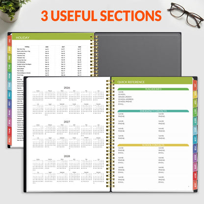 SUNEE Teacher Planner 2026-2027 Academic Year, Lite Lesson Planner Book with 7 Periods Jul 2026 - Jun 2027, 8.5"x11" Daily Weekly and Monthly Organizers, Plan Book with Pocket Folder, Color Tabs,Black
