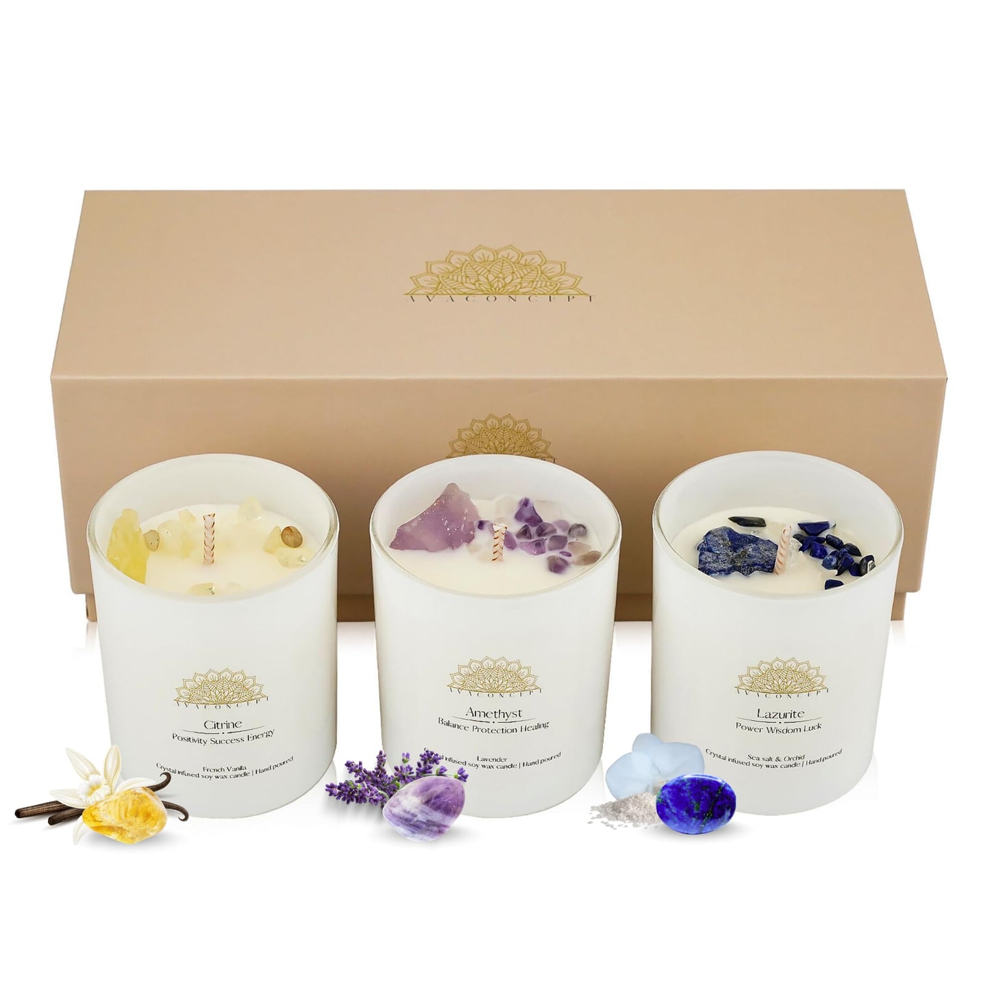 AvaConcept Healing Crystal Candle Gift Set – Set of 3 Citrine, Amethyst & Lazurite Hand-Poured Soy Wax French Vanilla, Lavender & Sea Salt Orchid Aromatherapy Scents 3.5oz Each | Premium Gift Box