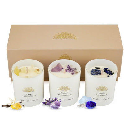 AvaConcept Healing Crystal Candle Gift Set – Set of 3 Citrine, Amethyst & Lazurite Hand-Poured Soy Wax French Vanilla, Lavender & Sea Salt Orchid Aromatherapy Scents 3.5oz Each | Premium Gift Box