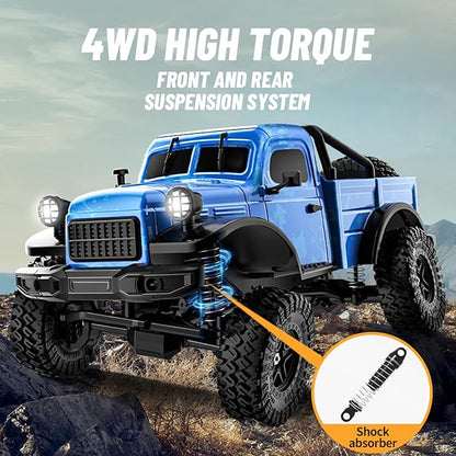 1:18 Scale All Terrain Remote Control Car 2.4 GHz 4WD RC Rock Crawler with LED Lights 12KPH Off-Road Pickup Truck Vehicle Toys RTR Gift for Adults