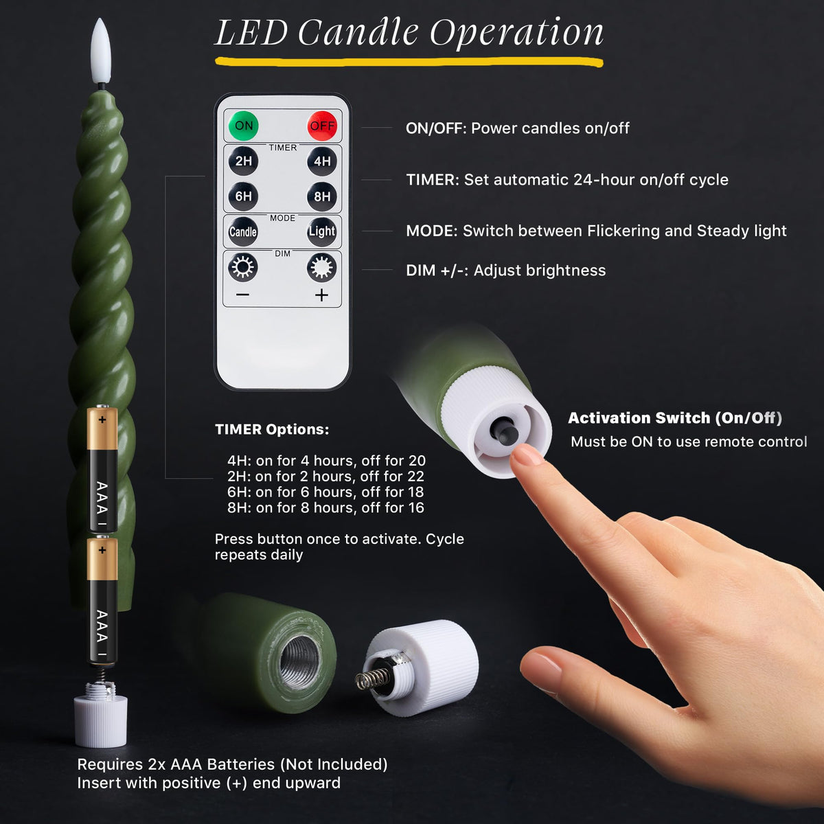 West Ivory Full Twisted Spiral Flameless LED Taper Candles – Loden Green, Set of 2 – 2/4/6/8-Hr Timer (24-Hr Memory), Remote, Dimmable, Bottom On/Off Button, Flicker/Steady, Battery Operated