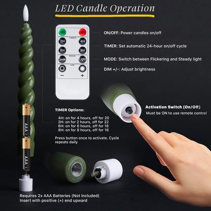West Ivory Full Twisted Spiral Flameless LED Taper Candles – Loden Green, Set of 2 – 2/4/6/8-Hr Timer (24-Hr Memory), Remote, Dimmable, Bottom On/Off Button, Flicker/Steady, Battery Operated